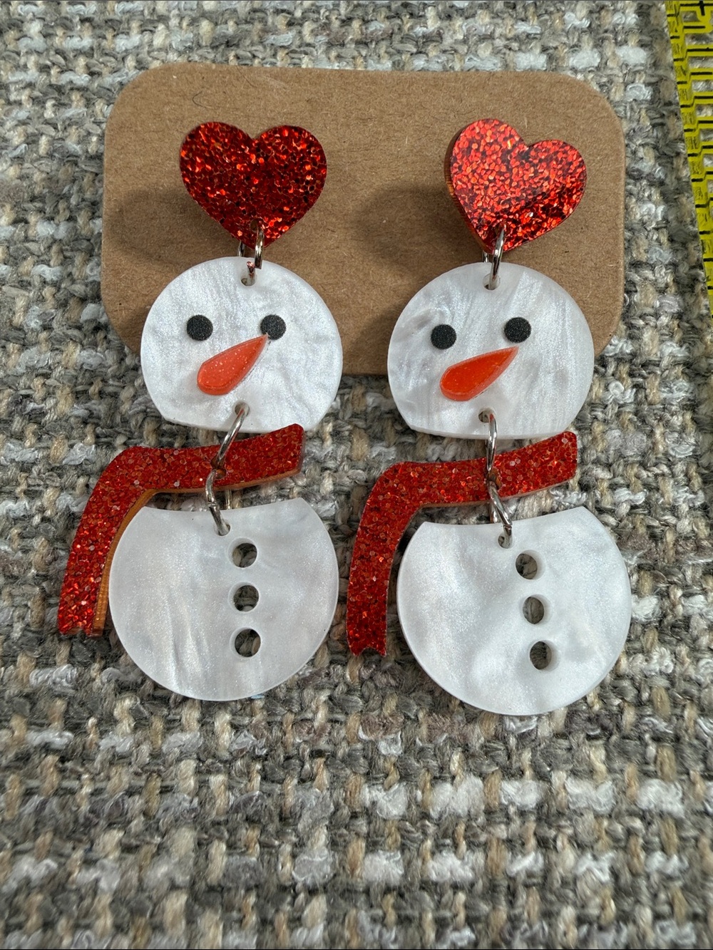 Festive Red & Pearl Snowman Dangle Earrings